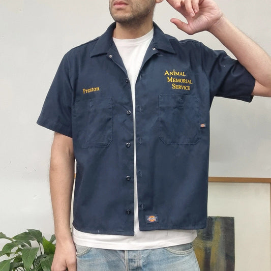 Vintage Dickies Boxy Fit Cropped Shirt Short Sleeve Medium plain Blue Button Up Skater Y2K Surf