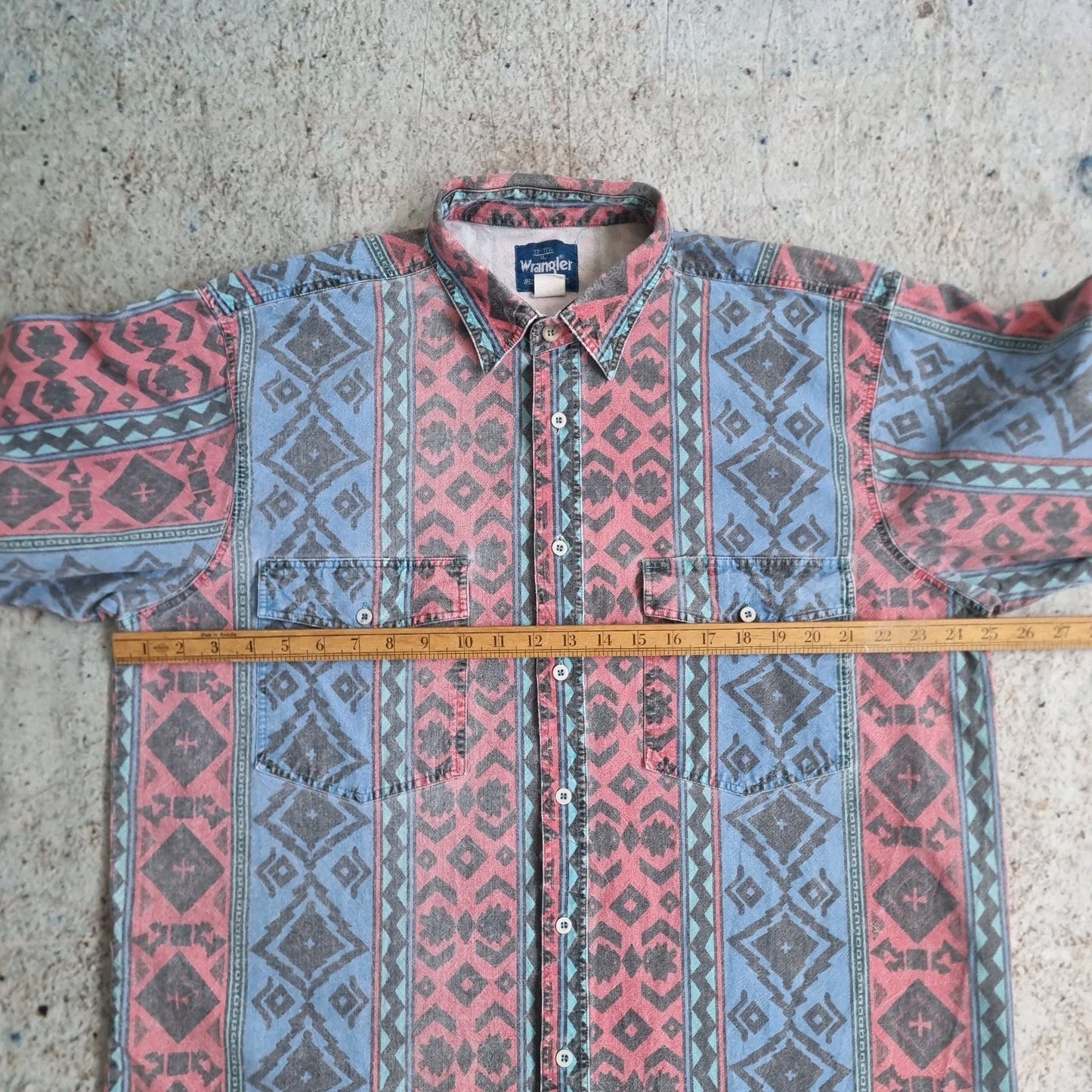 Wrangler Shirt Adult XL 17 17.5 Blue Brushpopper Striped Aztec Rodeo Western