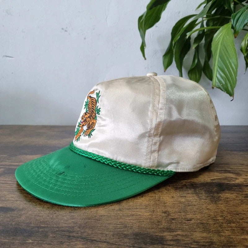 Vintage American Baseball Hat Snapback cap one size adjustable cream green tiger