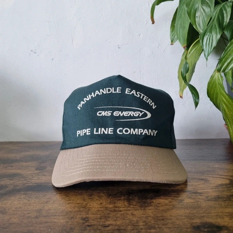 Vintage American Baseball Hat Snapback cap one size adjustable green beige pipeline company