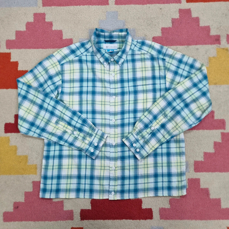 Vintage Columbia Boxy Fit Cropped Shirt Long Sleeve XL Check Blue Button Up Skater Y2K Surf