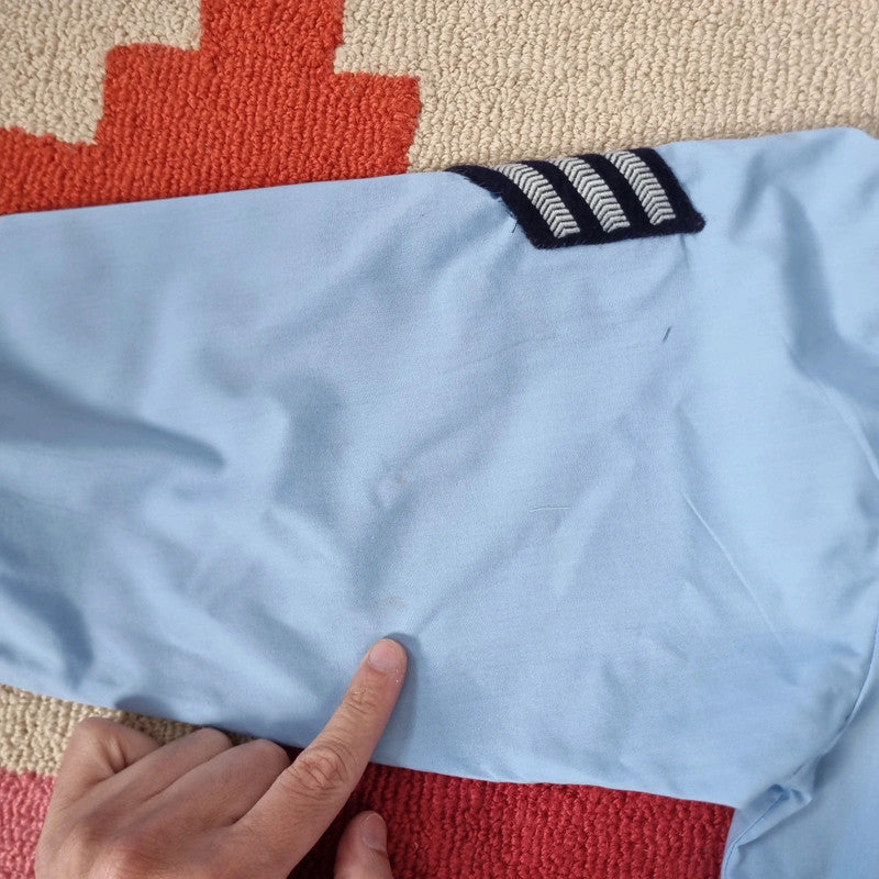 Vintage military Army Boxy Fit Cropped Shirt Long Sleeve medium plain Blue Button Up Skater Y2K