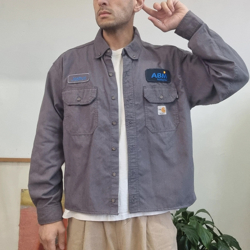 Carhartt FR Boxy Fit Cropped Shirt Long Sleeve large plain grey Button Up Skater Y2K