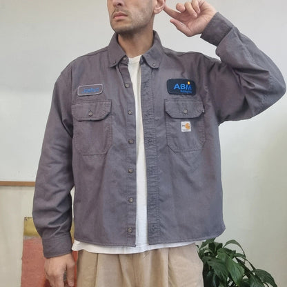 Carhartt FR Boxy Fit Cropped Shirt Long Sleeve large plain grey Button Up Skater Y2K