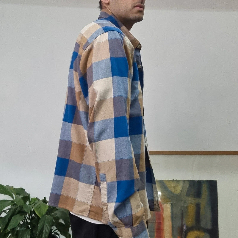 Vintage Columbia Boxy Fit Cropped Shirt Long Sleeve large Check Blue Button Up Skater Y2K Surf