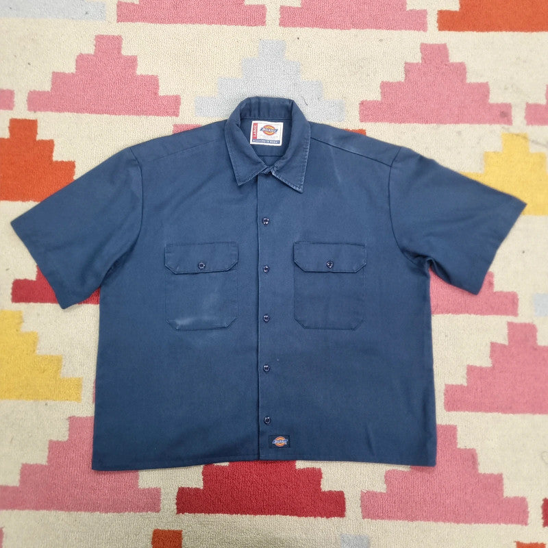 Vintage Dickies Boxy Fit Cropped Shirt Short Sleeve large plain Black Button Up Skater Y2K Surf