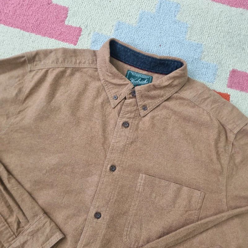 Woolrich Boxy Fit Cropped flannel Shirt long Sleeve large plain brown Button Up Skater Y2K Surf