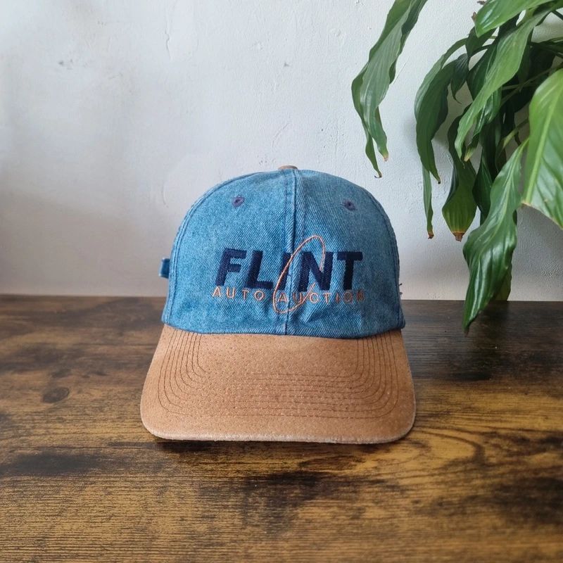Vintage American denim baseball Hat Snapback cap one size blue brown flint auto auction