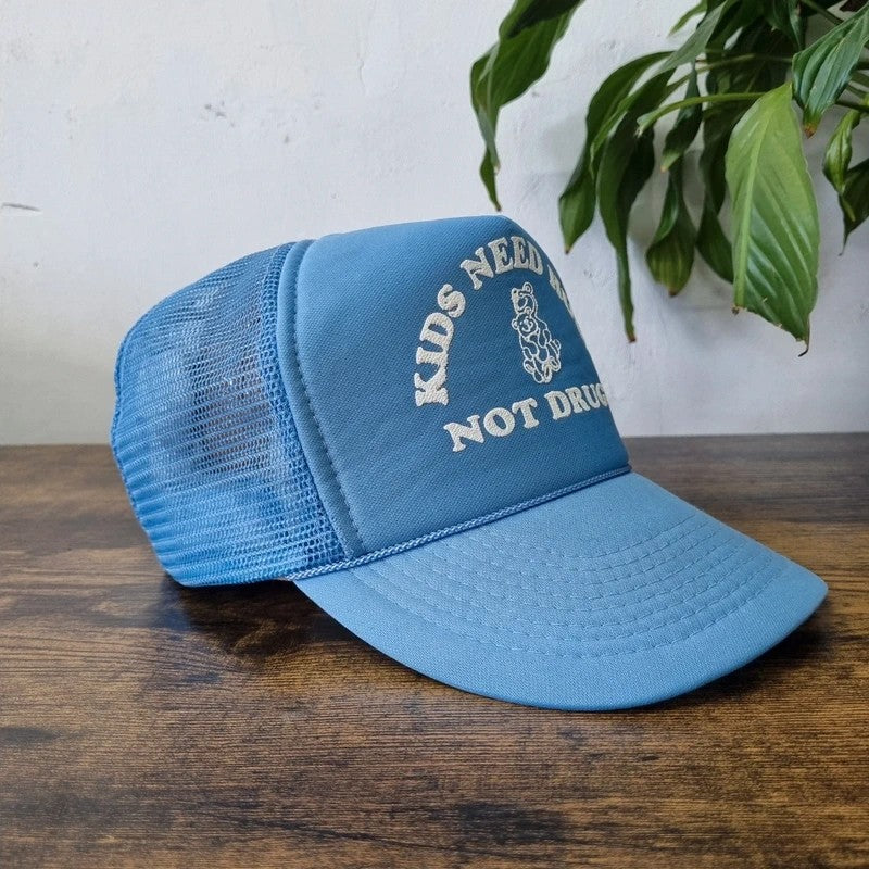 Vintage American Trucker Hat Snapback cap one size light blue Kids need hugs not Dr