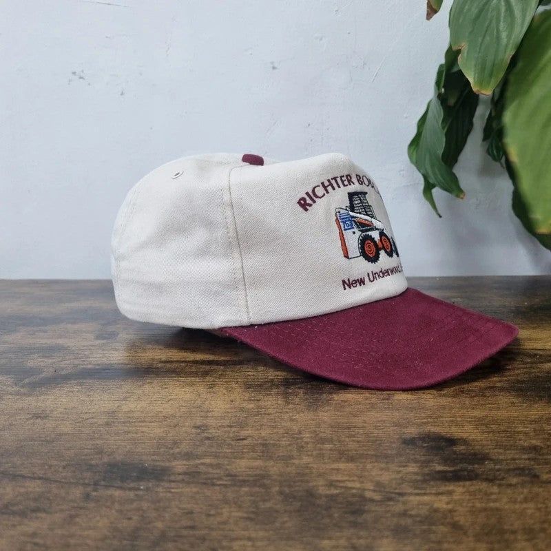 Vintage American Baseball Hat Snapback cap one size adjustable cream burgundy bobcat skit loader