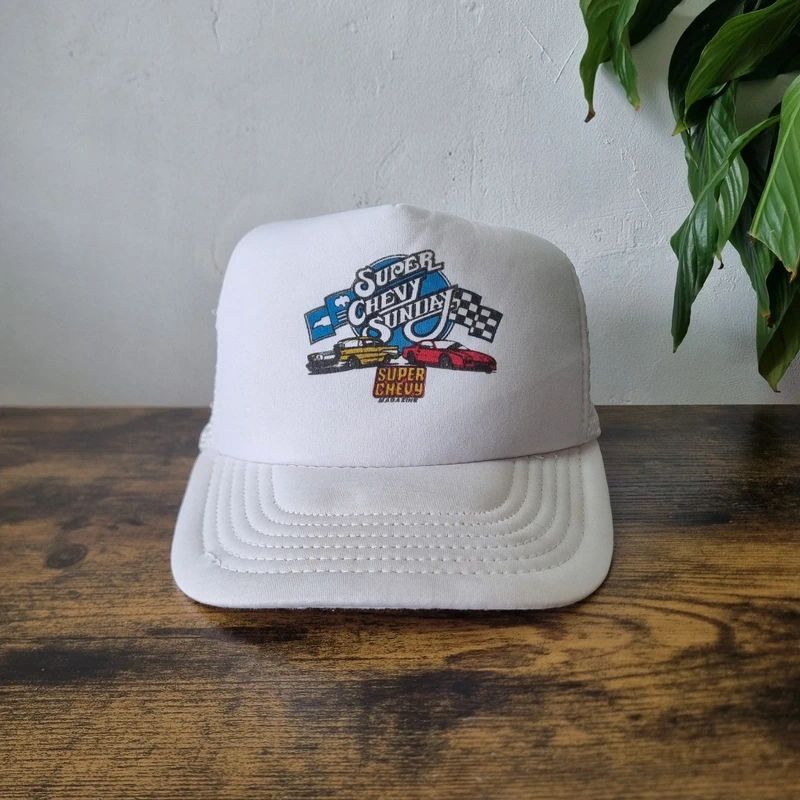 Vintage American Trucker Hat Snapback cap one size adjustable white super Chevy sunday cars