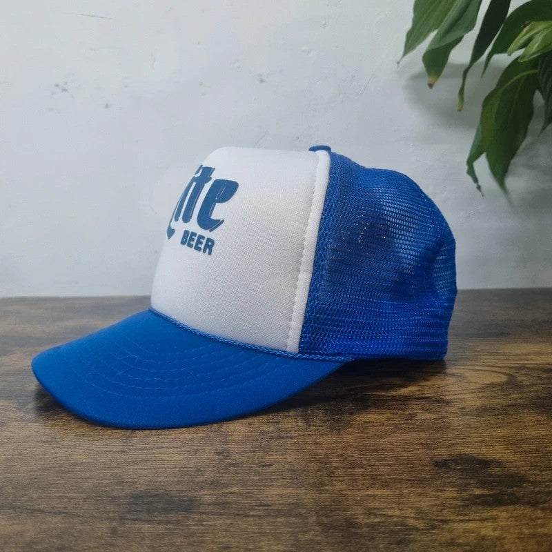 Vintage American Trucker Hat Snapback cap one size adjustable blue white Miller lite beer