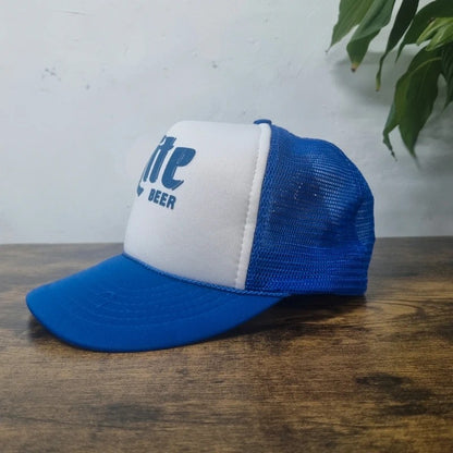 Vintage American Trucker Hat Snapback cap one size adjustable blue white Miller lite beer