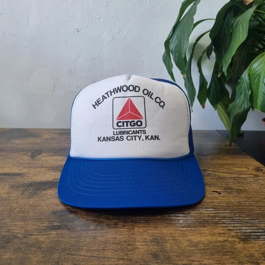 Vintage American Trucker Hat Snapback cap one size adjustable blue white heartwood oil kansas