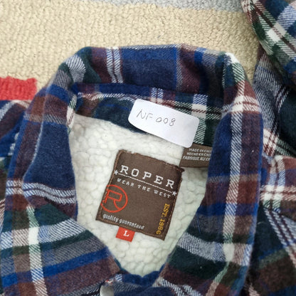 Roper Boxy Fit Cropped Over Shirt heavy weight sherpa lined long Sleeve Large check multi Button up