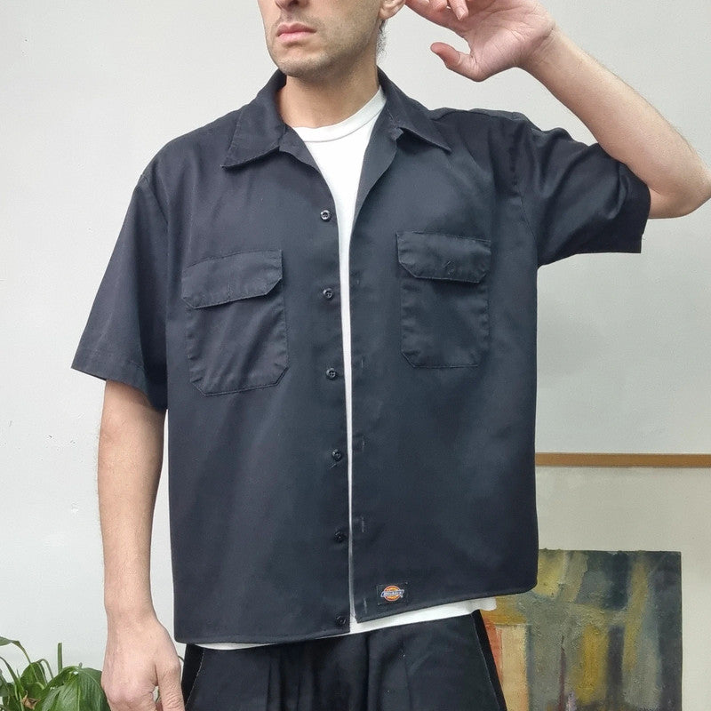 Vintage Dickies Boxy Fit Cropped Shirt Short Sleeve large plain Black Button Up Skater Y2K Surf