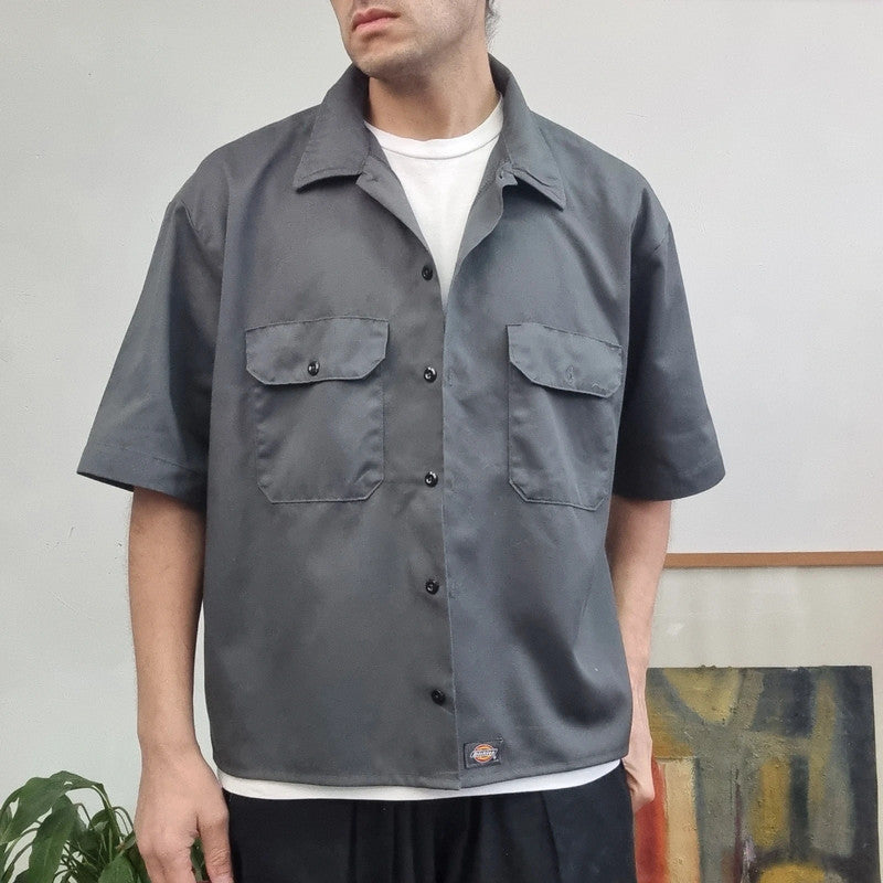 Vintage Dickies Boxy Fit Cropped Shirt Short Sleeve XL plain Grey Button Up NY Yankees