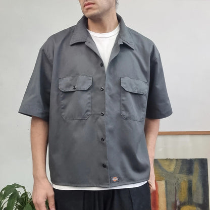 Vintage Dickies Boxy Fit Cropped Shirt Short Sleeve XL plain Grey Button Up NY Yankees