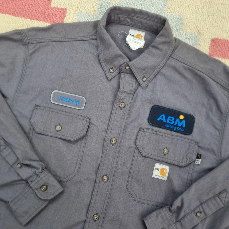 Vintage Carhartt FR Boxy Fit Cropped Shirt Long Sleeve large plain Grey Button Up Skater Y2K