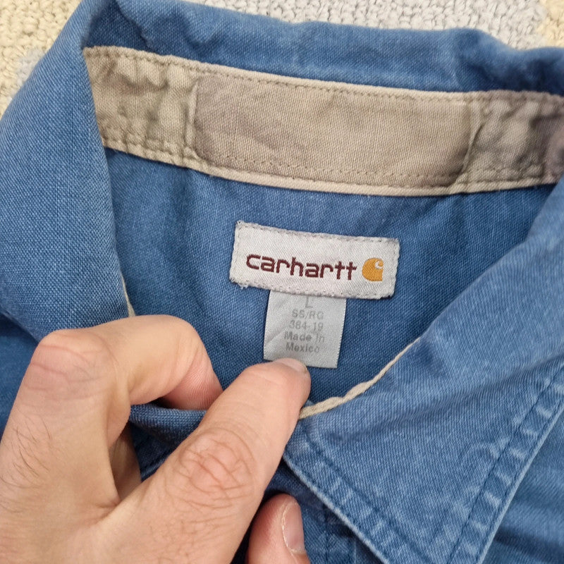 Vintage Carhartt Boxy Fit Cropped Shirt Short Sleeve large plain Blue Button Up Skater Y2K Surf