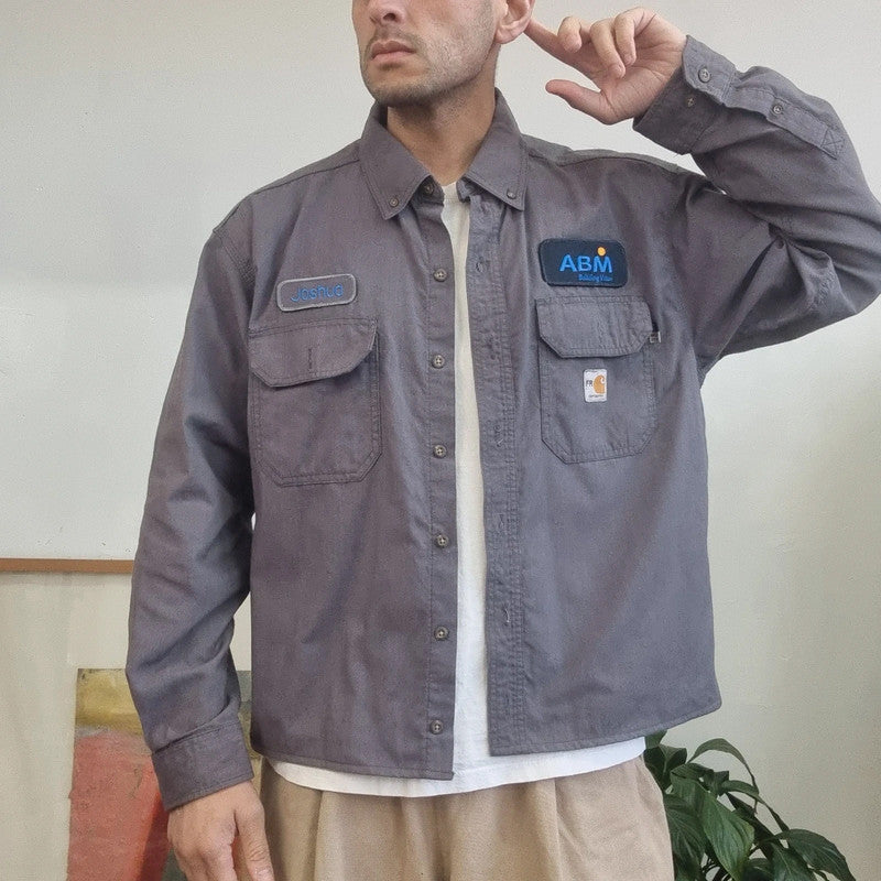 Vintage Carhartt FR Boxy Fit Cropped Shirt Long Sleeve large plain Grey Button Up Skater Y2K