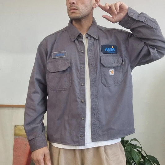 Vintage Carhartt FR Boxy Fit Cropped Shirt Long Sleeve large plain Grey Button Up Skater Y2K