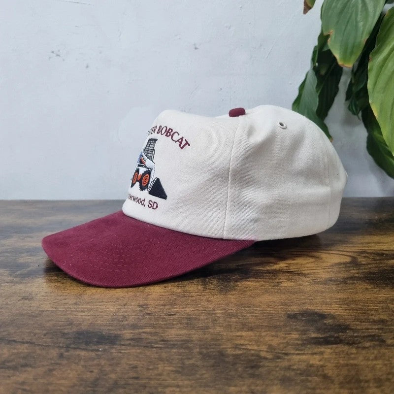 Vintage American Baseball Hat Snapback cap one size adjustable cream burgundy bobcat skit loader