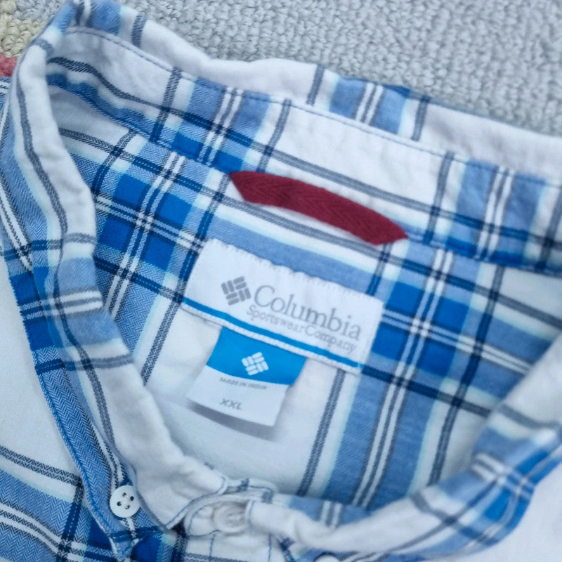 Vintage Columbia Boxy Fit Cropped Shirt Long Sleeve XXL Check Blue Button Up Skater Y2K Surf