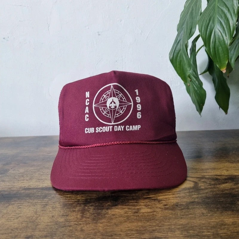Vintage American Trucker Hat Snapback cap one size adjustable burgundy scout camp 96