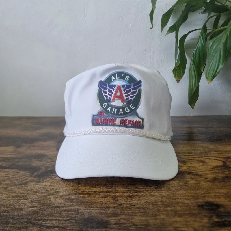 Vintage American Trucker Hat Snapback cap one size adjustable white Marine repair garage