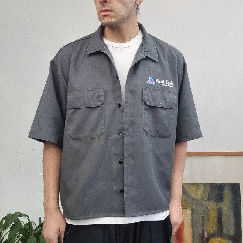 Vintage Dickies Boxy Fit Cropped Shirt Short Sleeve XL plain Grey Button Up Skater Y2K Surf