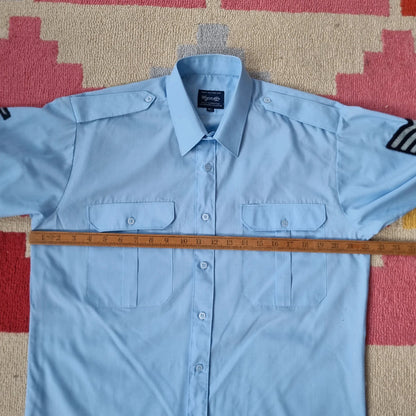 Vintage military Army Boxy Fit Cropped Shirt Long Sleeve medium plain Blue Button Up Skater Y2K