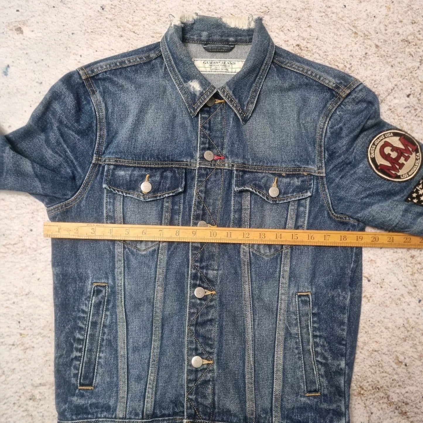 GUESS ORIGINALS 90s Denim Jacket (MCM Embroidered Patch) Small Blue