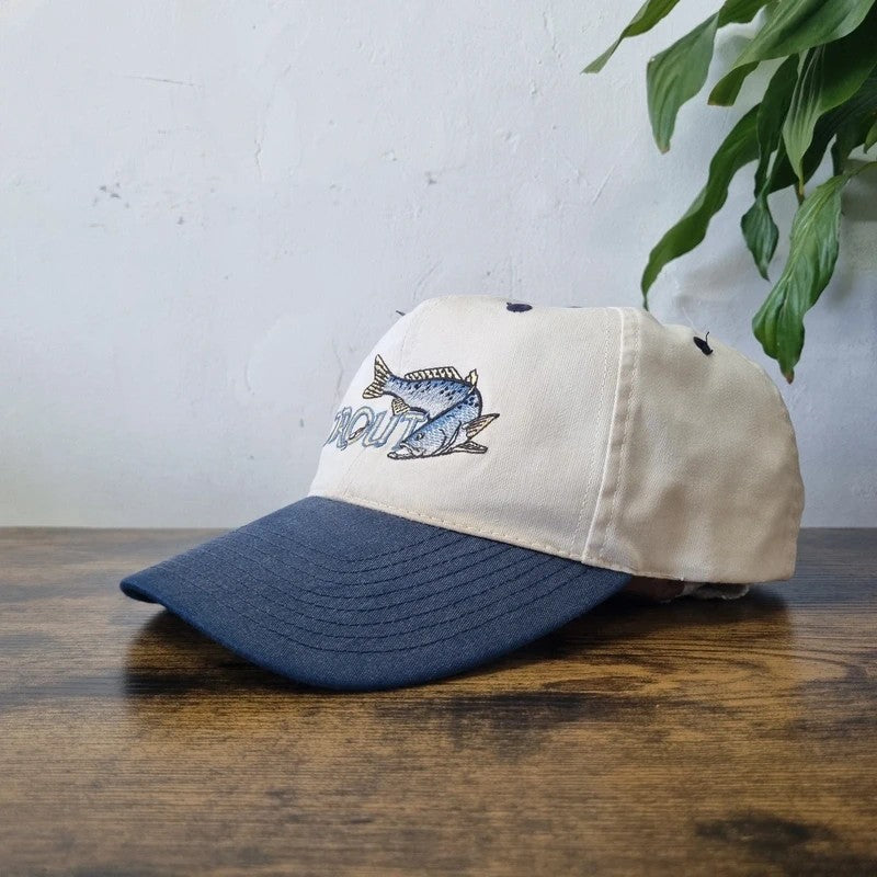 Vintage American Baseball Hat Snapback cap one size adjustable cream blue trout fish