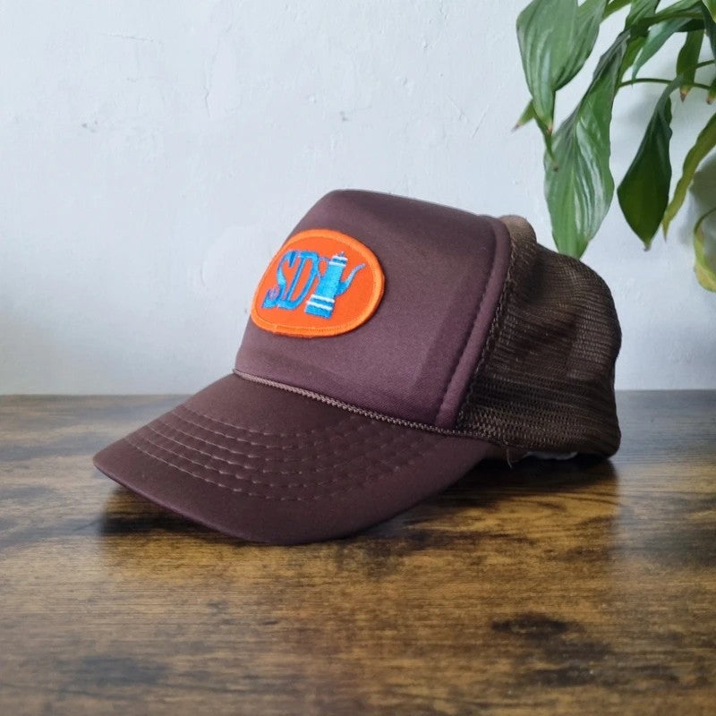 Vintage American Trucker Hat Snapback cap one size adjustable brown SD coffee pot