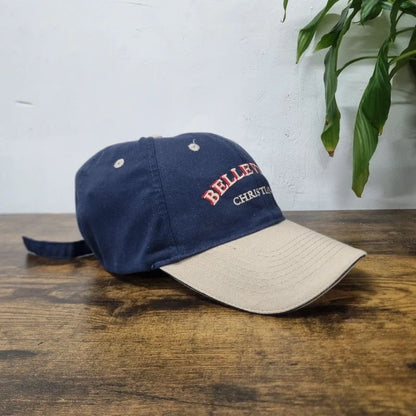 Vintage American baseball Hat Snapback cap one size adjustable belleview navy beige
