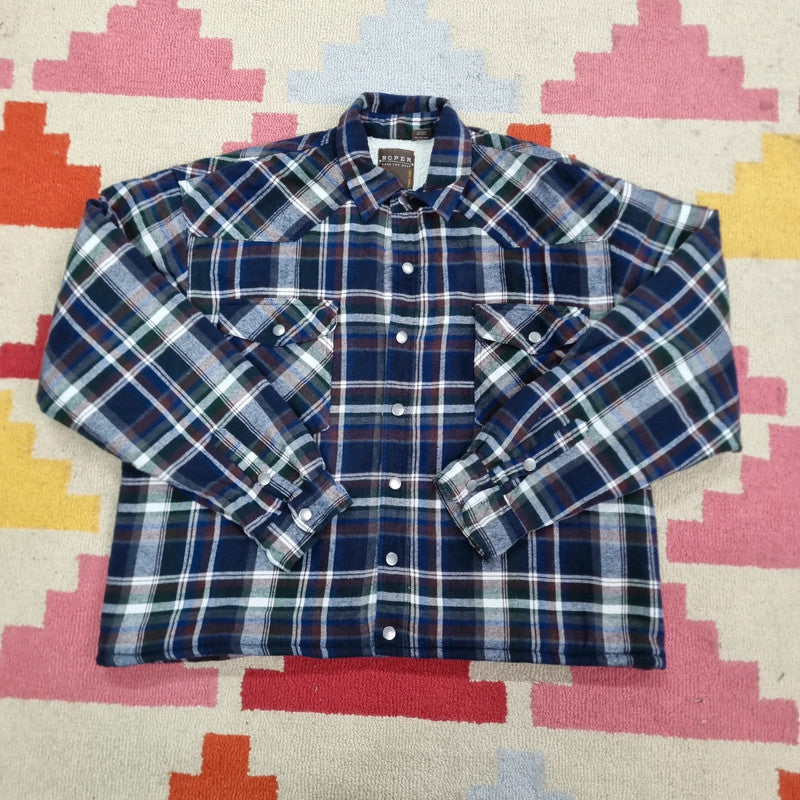 Roper Boxy Fit Cropped Over Shirt heavy weight sherpa lined long Sleeve Large check multi Button up