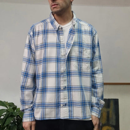 Vintage Columbia Boxy Fit Cropped Shirt Long Sleeve XXL Check Blue Button Up Skater Y2K Surf