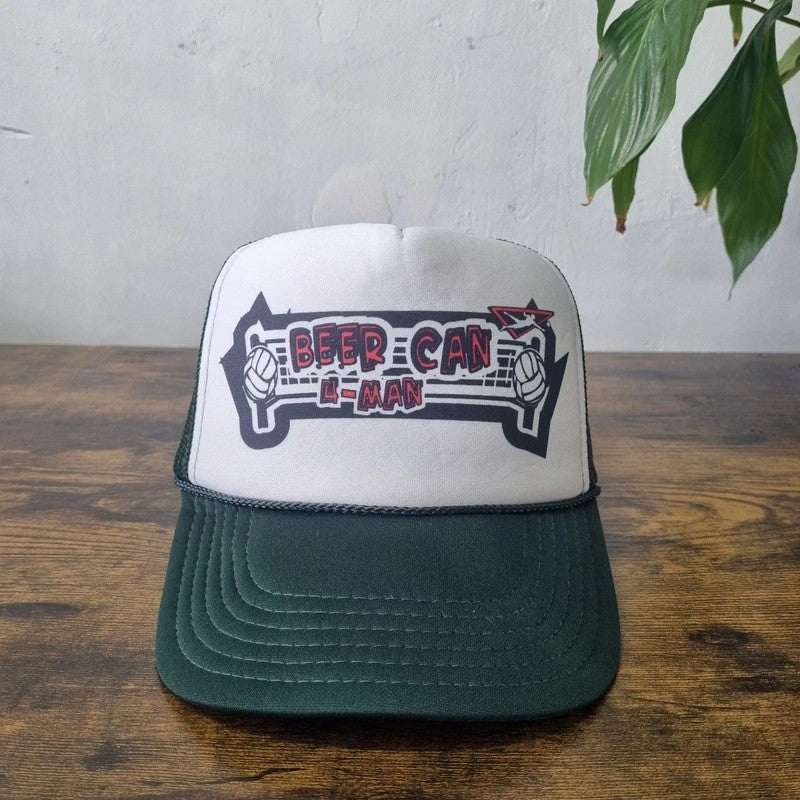 Vintage American Trucker Hat Snapback cap one size white green beer can 4 man volleyball