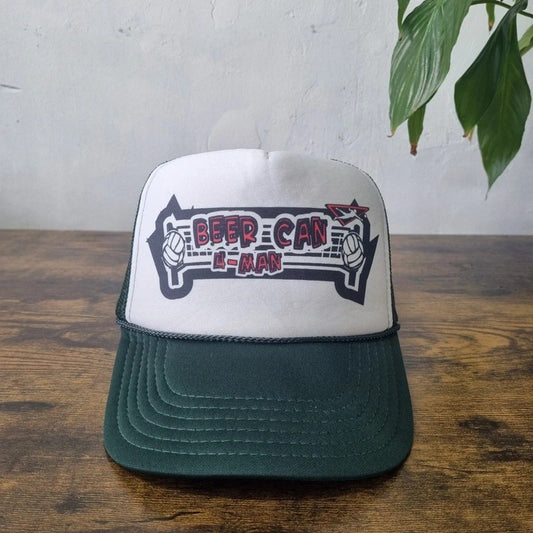 Vintage American Trucker Hat Snapback cap one size white green beer can 4 man volleyball