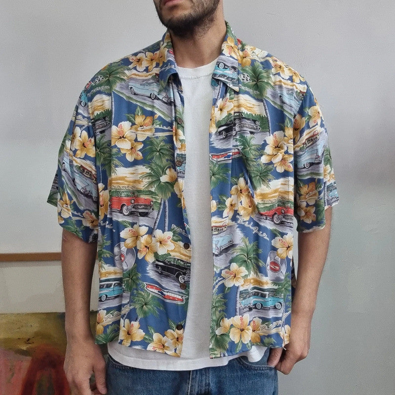 Vintage Hawaii Boxy Fit Cropped Shirt Short Sleeve XL print multi  Button Up Skater Y2K Surf