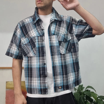 Vintage Dickies Boxy Fit Cropped Shirt Short Sleeve Medium check Blue Button Up Skater Y2K Surf