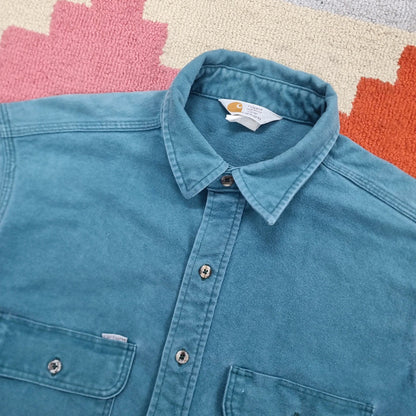 Vintage Carhartt Boxy Fit Cropped Shirt Heavyweight large long Sleeve large plain Green Button Up