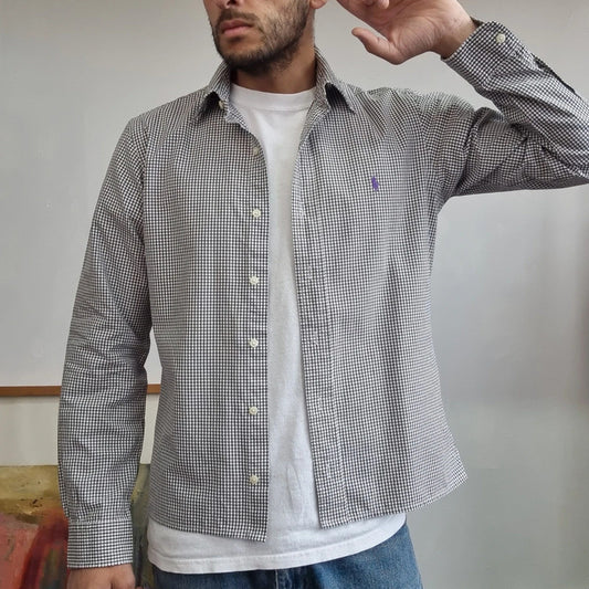 Vintage Ralph Lauren Boxy Fit Cropped Shirt Long Sleeve small checked Black Button Up Skater Y2K