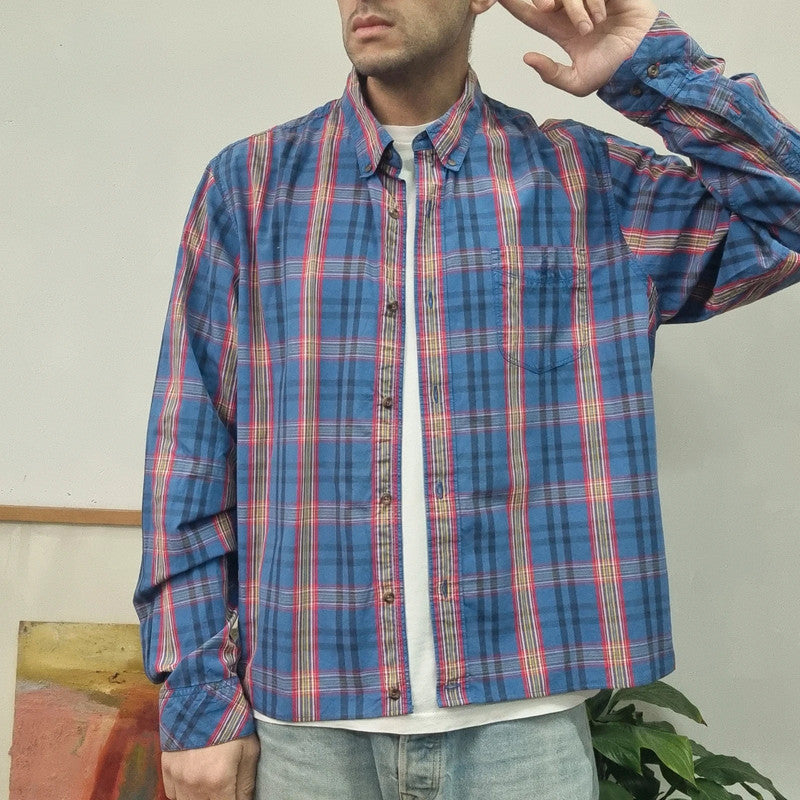Vintage Timberland Boxy Fit Cropped Shirt Long Sleeve XL check Blue Button Up Skater Y2K Surf