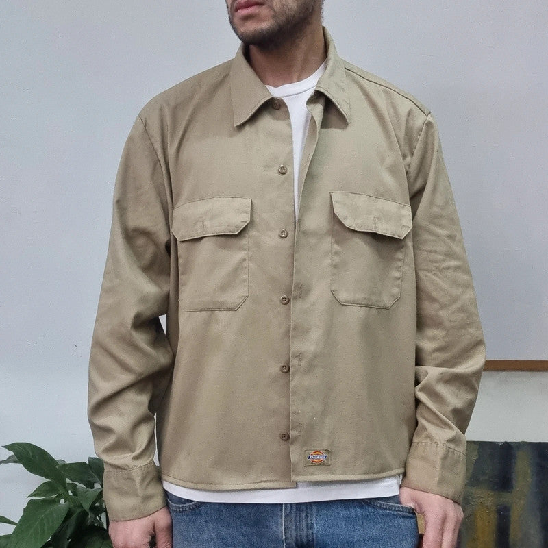 Vintage Dickies Boxy Fit Cropped Shirt Long Sleeve XL plain Beige Button Up Skater Y2K Surf