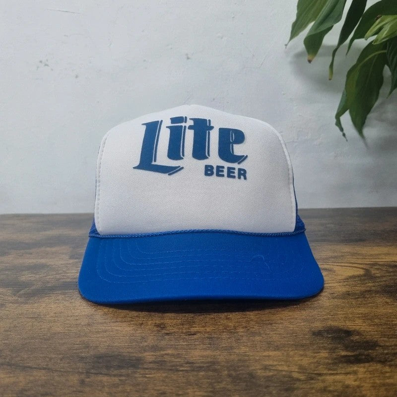 Vintage American Trucker Hat Snapback cap one size adjustable blue white Miller lite beer