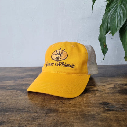 Vintage Genesis Whitetails Trucker Cap Snapback mesh hat yellow beige Jesus one size