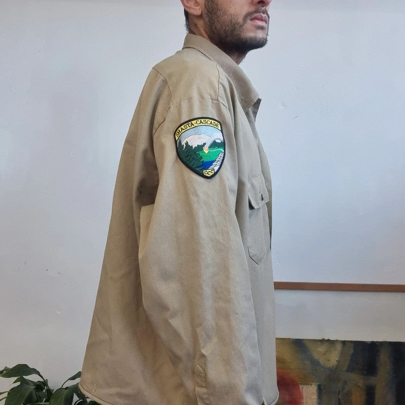 Vintage Dickies Boxy Fit Cropped Shirt Long Sleeve XXL plain Beige Button Up Skater Y2K Surf