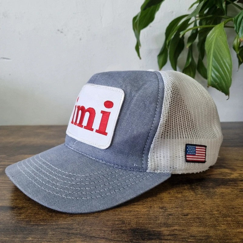 Vintage American Trucker Hat Snapback cap one size blue white IMI Irving Materials Inc